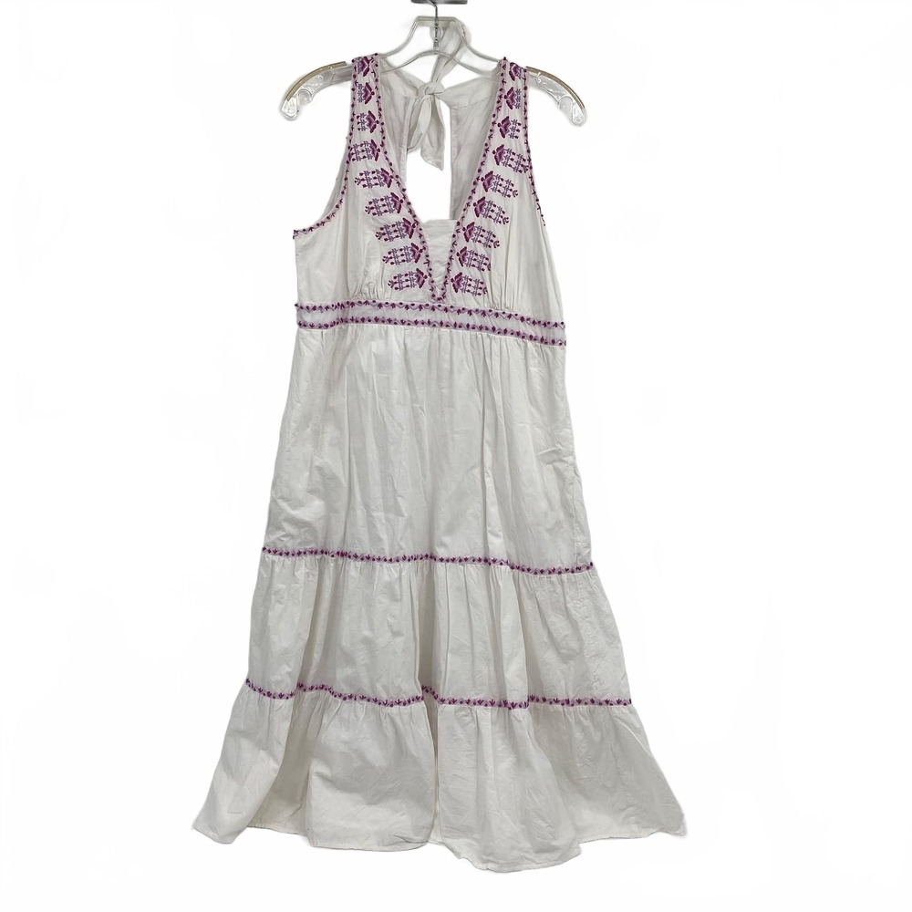 Anthropologie White Purple Embroidered Maxi Dress | Womens 12